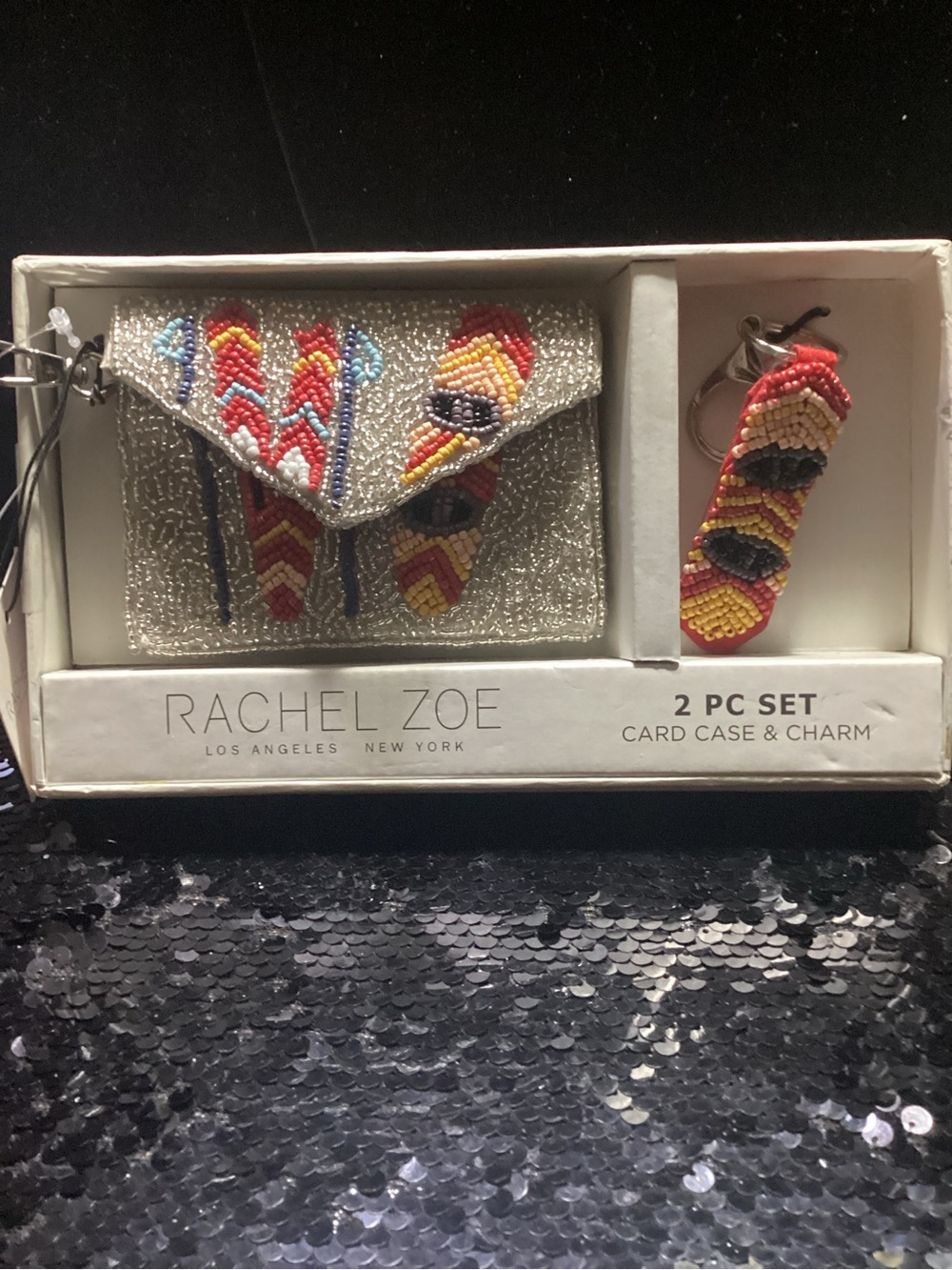 Rachel Zoe Silver Beaded Card Case with Multicolor Feather Motif
